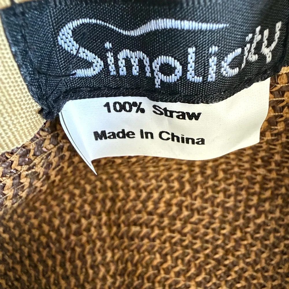 Simplicity Tan White Brim Straw Sun Hat with Brown Ribbon Tie